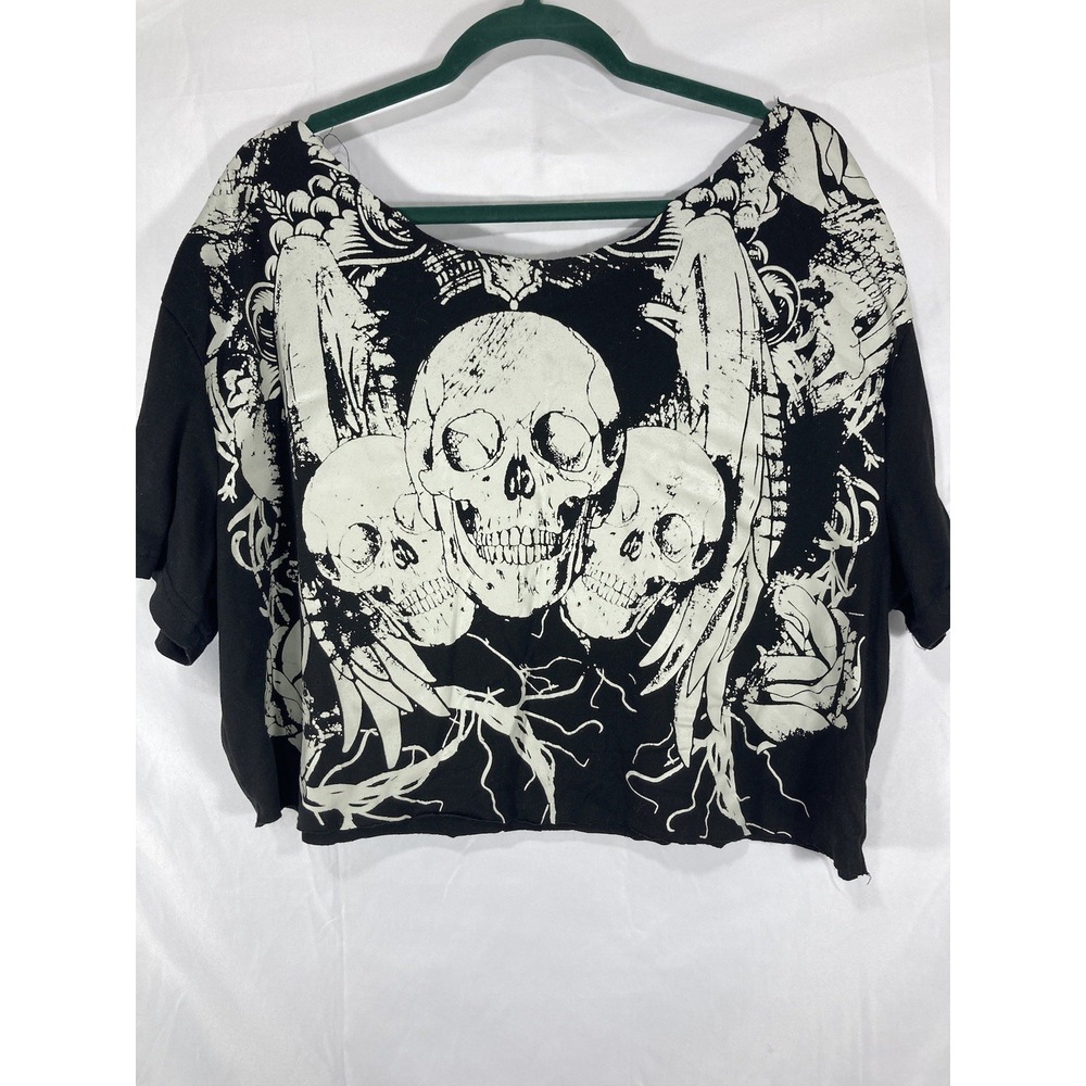 Vintage Y2K Affliction 3 Skull Short Sleeve Off Shoulder T Shirt For Women Crop